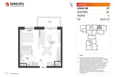 Rzut - Mieszkanie na sprzedaż 1 pokój o powierzchni 33,57 m² - numer 37 w Locus 2