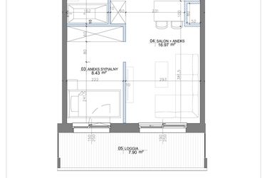 Rzut - Mieszkanie na sprzedaż 2 pokoje o powierzchni 33,46 m² - numer 1.07 w Apartamenty Potulickiego