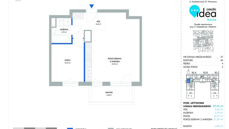 Rzut - Mieszkanie na sprzedaż 2 pokoje o powierzchni 47,41 m² - numer 37.4A w Osiedle Idea Aurora