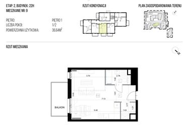 Rzut - Mieszkanie na sprzedaż 1 pokój o powierzchni 36,64 m² - numer 22H/09 w NATURAMA II