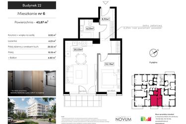 Rzut - Mieszkanie na sprzedaż 2 pokoje o powierzchni 43,87 m² - numer 6 w Novum Rumia - bud. 22