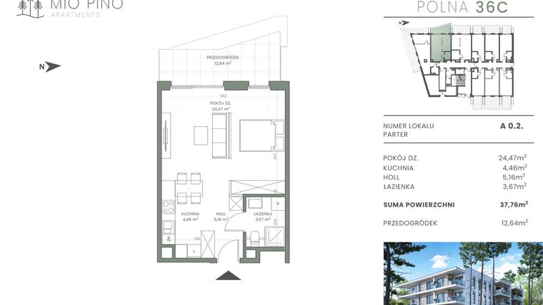 Rzut - Mieszkanie na sprzedaż 2 pokoje o powierzchni 37,76 m² - numer 0.2 w Mio Pino