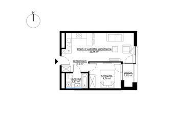 Rzut - Mieszkanie na sprzedaż 2 pokoje o powierzchni 41,19 m² - numer M23 w KrakoVska etap 2