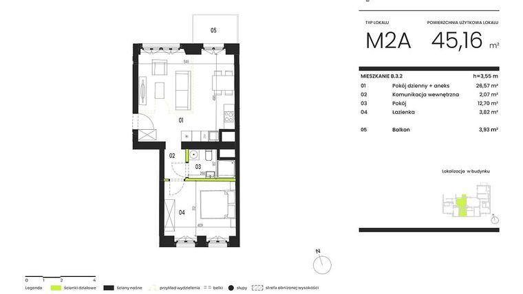 Rzut - Mieszkanie na sprzedaż 2 pokoje o powierzchni 45,16 m² - numer B.3.2 w Ogrody Staromiejskie