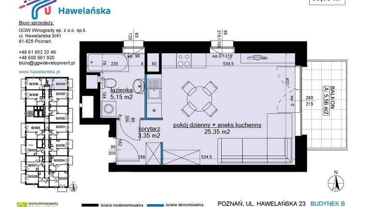 Rzut - Mieszkanie na sprzedaż 1 pokój o powierzchni 33,85 m² - numer B/3/34 w Osiedle Hawelańska etap III - bud. B