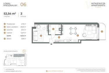 Rzut - Mieszkanie na sprzedaż 2 pokoje o powierzchni 52,54 m² - numer 6 w Witkiewicza Apartments