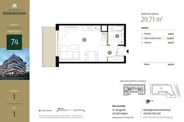 Rzut - Mieszkanie na sprzedaż 1 pokój o powierzchni 29,71 m² - numer M.74 w Rezydencja Świerkowa - etap II