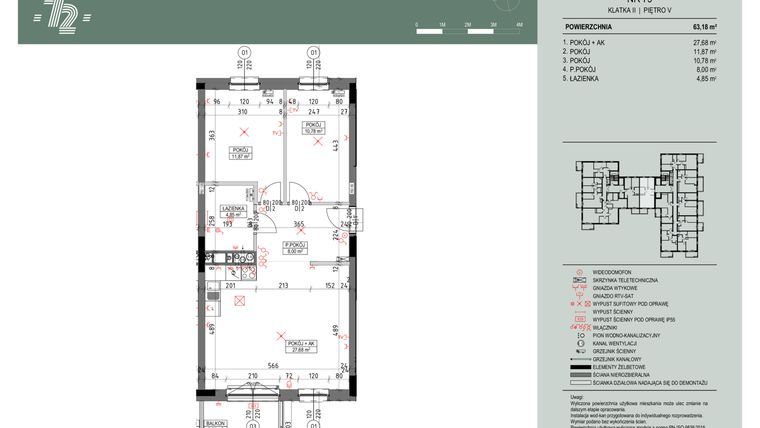 Rzut - Mieszkanie na sprzedaż 3 pokoje o powierzchni 63,14 m² - numer 79 w Wspólnota Mieszkaniowa Gajowa 72