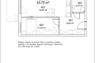 Rzut - Mieszkanie na sprzedaż 2 pokoje o powierzchni 43,75 m² - numer A1.68 w FORTnatura
