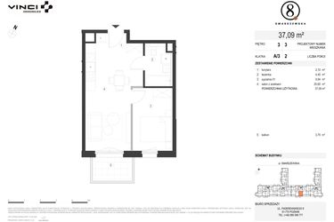 Rzut - Mieszkanie na sprzedaż 2 pokoje o powierzchni 37,09 m² - numer A/3/3.3 w Smardzewska 8