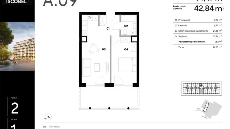 Rzut - Mieszkanie na sprzedaż 2 pokoje o powierzchni 44,47 m² - numer A.09 w Browar HUGO SCOBEL