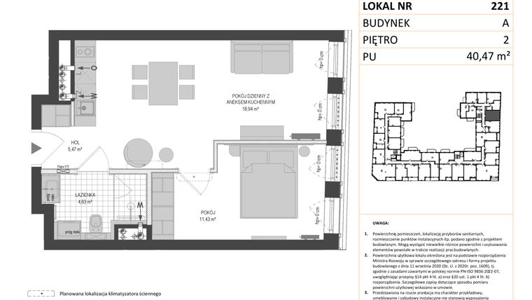 Rzut - Mieszkanie na sprzedaż 1 pokój o powierzchni 40,47 m² - numer A.221 w Esencja - Apartamenty inwestycyjne