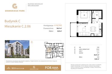 Rzut - Mieszkanie na sprzedaż 2 pokoje o powierzchni 39,41 m² - numer C.2.06 w Grabskiego Park