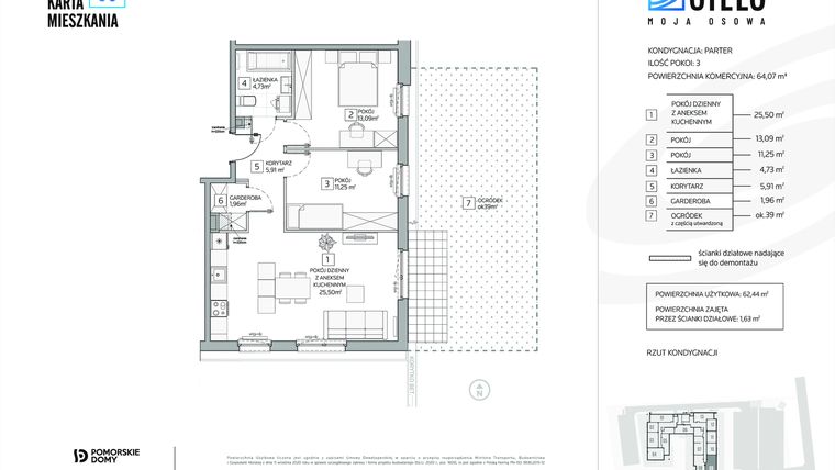 Rzut - Mieszkanie na sprzedaż 3 pokoje o powierzchni 64,07 m² - numer 9 w Stelo