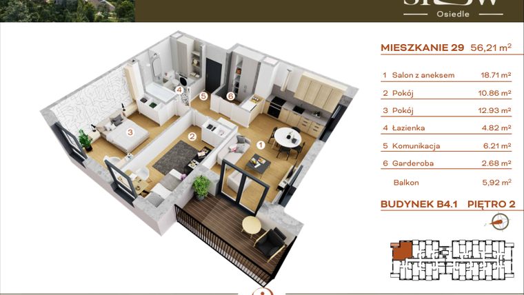 Rzut - Mieszkanie na sprzedaż 3 pokoje o powierzchni 56,21 m² - numer M29 w Osiedle SLOW
