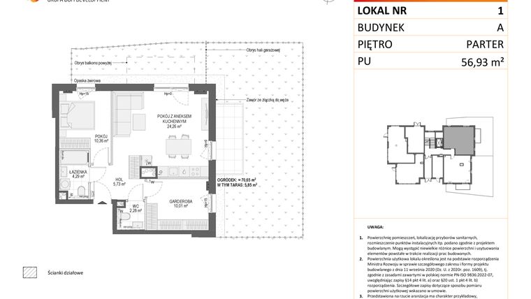 Rzut - Mieszkanie na sprzedaż 2 pokoje o powierzchni 56,93 m² - numer A1 w Osiedle Orzechowa