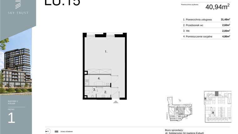 Rzut - Lokal użytkowy na sprzedaż 1 pokój o powierzchni 40,94 m² - numer LU15 w Sky Trust etap II