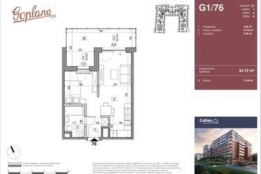 Rzut - Mieszkanie na sprzedaż 1 pokój o powierzchni 34,72 m² - numer G1/76 w Goplana budynek G