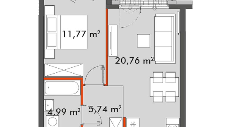Rzut - Mieszkanie na sprzedaż 2 pokoje o powierzchni 43,26 m² - numer F1.A.02.03 w Splot Wola