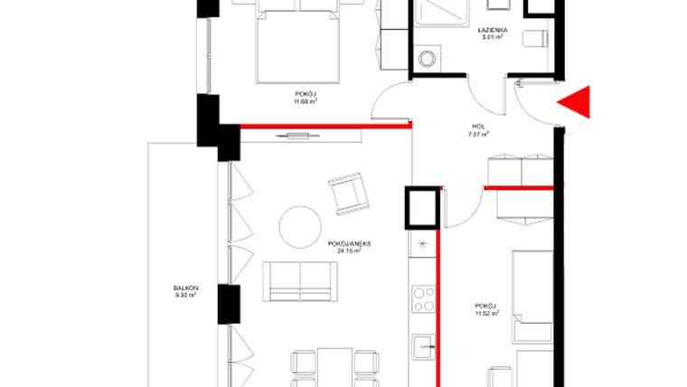 Rzut - Mieszkanie na sprzedaż 3 pokoje o powierzchni 59,44 m² - numer E.1.2 w INSPIRE ETAP IV – bud. E