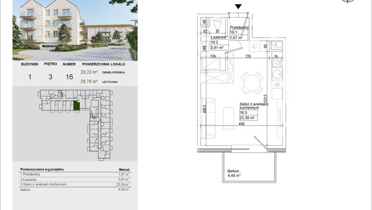Rzut - Mieszkanie na sprzedaż 1 pokój o powierzchni 28,76 m² - numer A16 w Aleja Mickiewicza