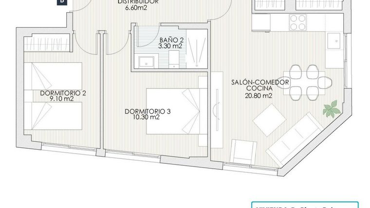 Rzut - Mieszkanie na sprzedaż 3 pokoje o powierzchni 74,16 m² - numer B1 w Apartamenty w Torrevieja, Playa del Cura, Centro, SP-95936