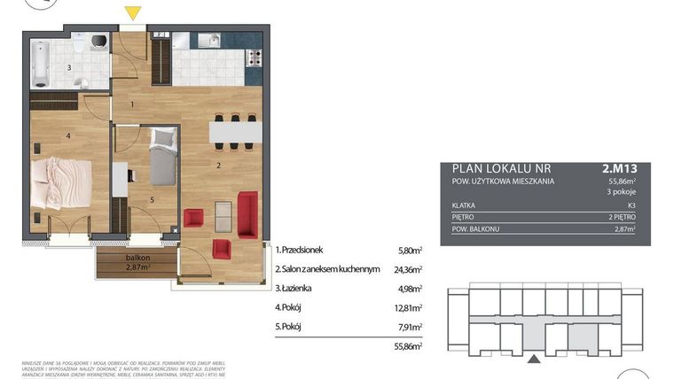 Rzut - Mieszkanie na sprzedaż 3 pokoje o powierzchni 56,37 m² - numer K3.2.M13 w Nyska Residence