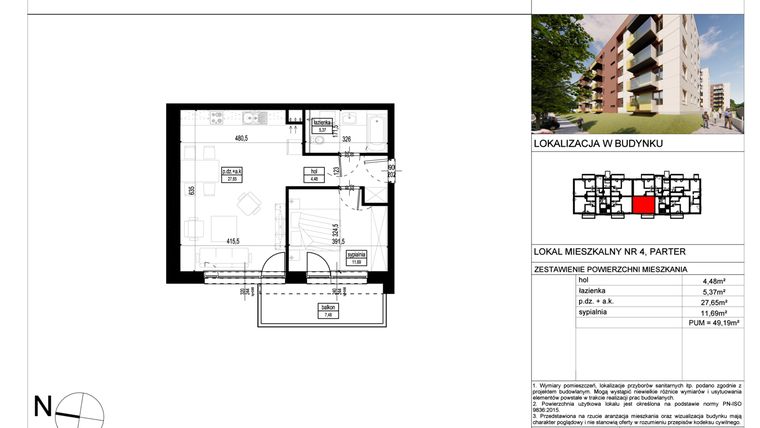 Rzut - Mieszkanie na sprzedaż 2 pokoje o powierzchni 49,19 m² - numer A.4 w Wólczańska 248 - etap II