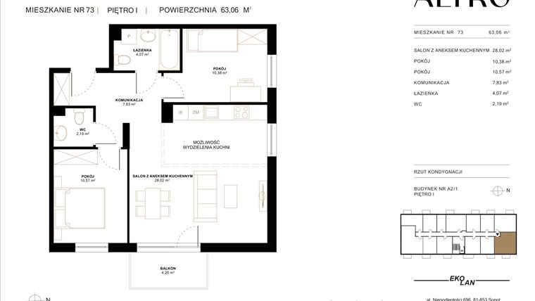 Rzut - Mieszkanie na sprzedaż 3 pokoje o powierzchni 63,06 m² - numer A2.1.73 w Altro A2/1