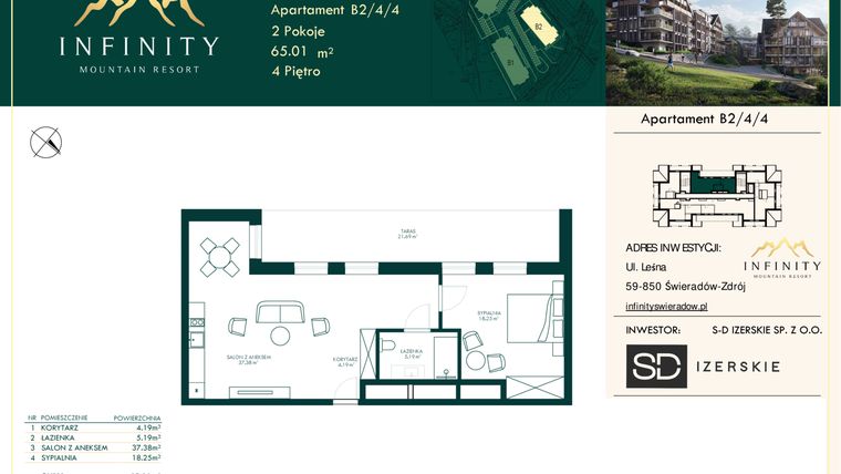 Rzut - Mieszkanie na sprzedaż 2 pokoje o powierzchni 65,01 m² - numer B2.4.4 w Infinity Mountain Resort