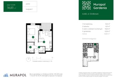 Rzut - Mieszkanie na sprzedaż 1 pokój o powierzchni 36,83 m² - numer 1.C.0.04 w Murapol Gardenia