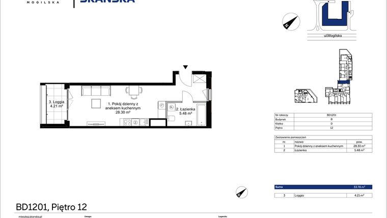 Rzut - Mieszkanie na sprzedaż 1 pokój o powierzchni 33,78 m² - numer 1BD1201 w Awangarda Mogilska