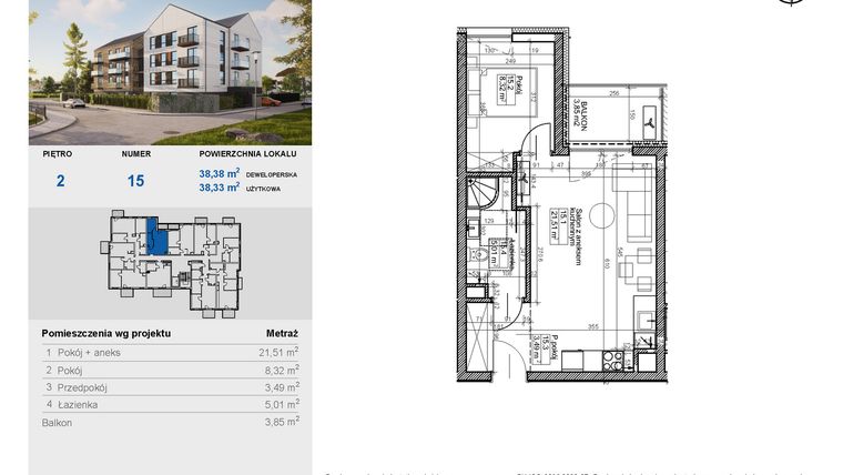 Rzut - Mieszkanie na sprzedaż 2 pokoje o powierzchni 38,33 m² - numer 15 w Balantia