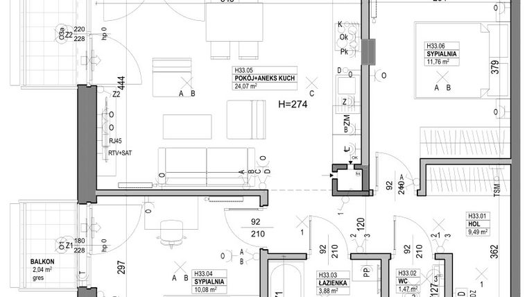 Rzut - Mieszkanie na sprzedaż 3 pokoje o powierzchni 63,5 m² - numer H33 w Miasto Ogród 6 - HELSINKI