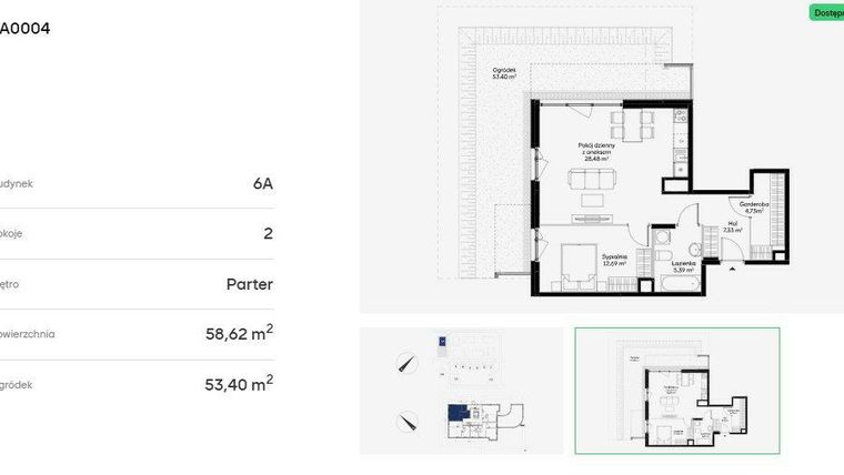 Rzut - Mieszkanie na sprzedaż 2 pokoje o powierzchni 58,62 m² - numer 6A0004 w Jaśminowy Mokotów etap VI