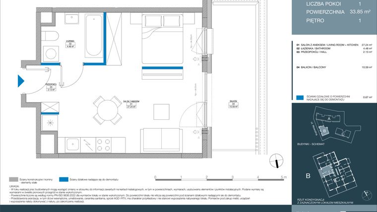 Rzut - Mieszkanie na sprzedaż 1 pokój o powierzchni 33,84 m² - numer B.1.2.5 w Meri Apartamenty
