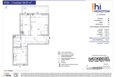 Rzut - Mieszkanie na sprzedaż 2 pokoje o powierzchni 64,07 m² - numer A1.B.56 w Hi Mokotów