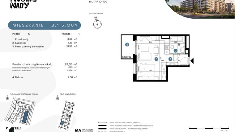 Rzut - Mieszkanie na sprzedaż 1 pokój o powierzchni 29,55 m² - numer B.1.5.M64 w Nowe Promenady etap II