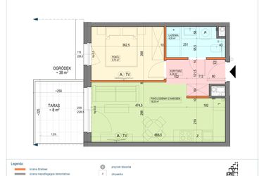Rzut - Mieszkanie na sprzedaż 2 pokoje o powierzchni 36,47 m² - numer B1.0.03.2a w Junique I.II