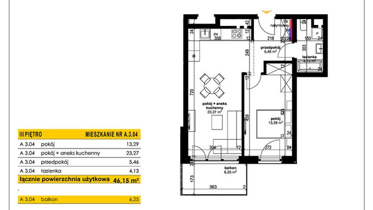 Rzut - Mieszkanie na sprzedaż 2 pokoje o powierzchni 46,15 m² - numer A 3.04 w Park Moniuszki II C
