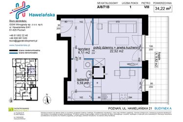 Rzut - Mieszkanie na sprzedaż 1 pokój o powierzchni 34,22 m² - numer A/8/71B w Osiedle Hawelańska etap III - bud. A