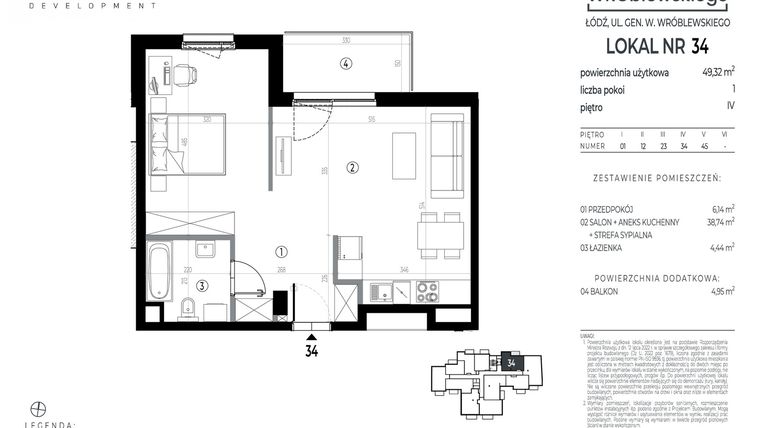 Rzut - Mieszkanie na sprzedaż 1 pokój o powierzchni 49,32 m² - numer A34 w Wróblewskiego