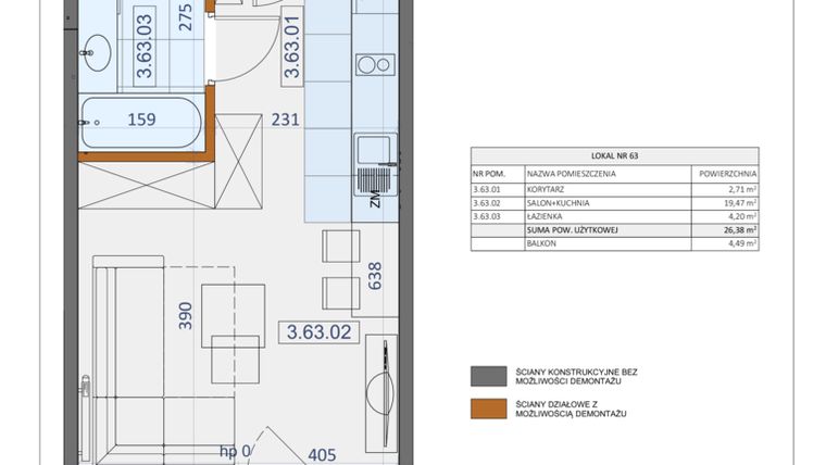 Rzut - Mieszkanie na sprzedaż 1 pokój o powierzchni 26,38 m² - numer 63 w Osiedle Zycha
