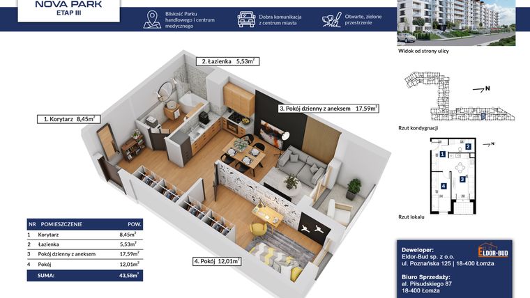 Rzut - Mieszkanie na sprzedaż 2 pokoje o powierzchni 43,58 m² - numer 131 w Nova Park etap III