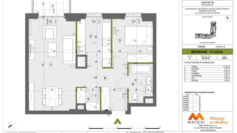 Rzut - Mieszkanie na sprzedaż 2 pokoje o powierzchni 53,02 m² - numer F1.D.02.03 w XYZ Place