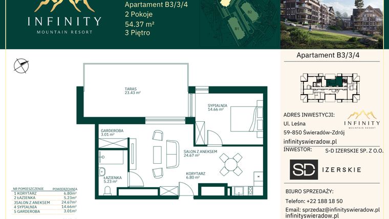 Rzut - Mieszkanie na sprzedaż 2 pokoje o powierzchni 54,37 m² - numer B3.3.4 w Infinity Mountain Resort