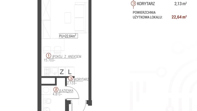 Rzut - Mieszkanie na sprzedaż 1 pokój o powierzchni 22,64 m² - numer 101 w Wróblewskiego 1