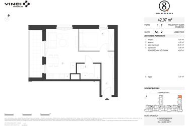 Rzut - Mieszkanie na sprzedaż 2 pokoje o powierzchni 42,97 m² - numer A/4/1.7 w Smardzewska 8