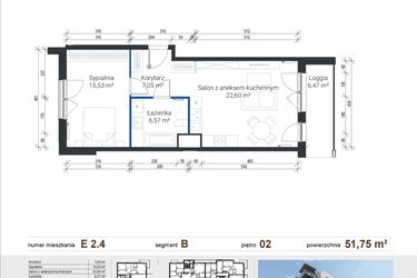 Rzut - Mieszkanie na sprzedaż 2 pokoje o powierzchni 51,75 m² - numer E 2.4 w Nowe Zabłocie
