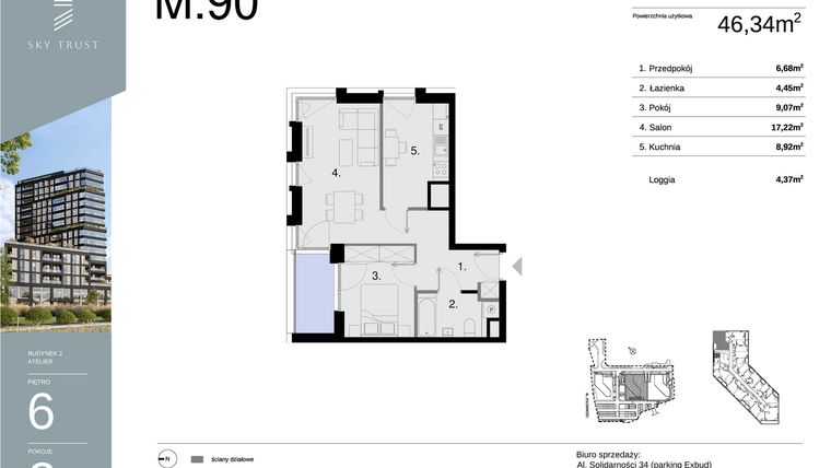 Rzut - Mieszkanie na sprzedaż 2 pokoje o powierzchni 46,34 m² - numer M90 w Sky Trust etap II